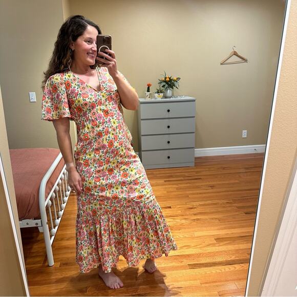 NWT Banjanan Pink Red Floral V Neck Maxi Dress Small - Picture 3 of 13